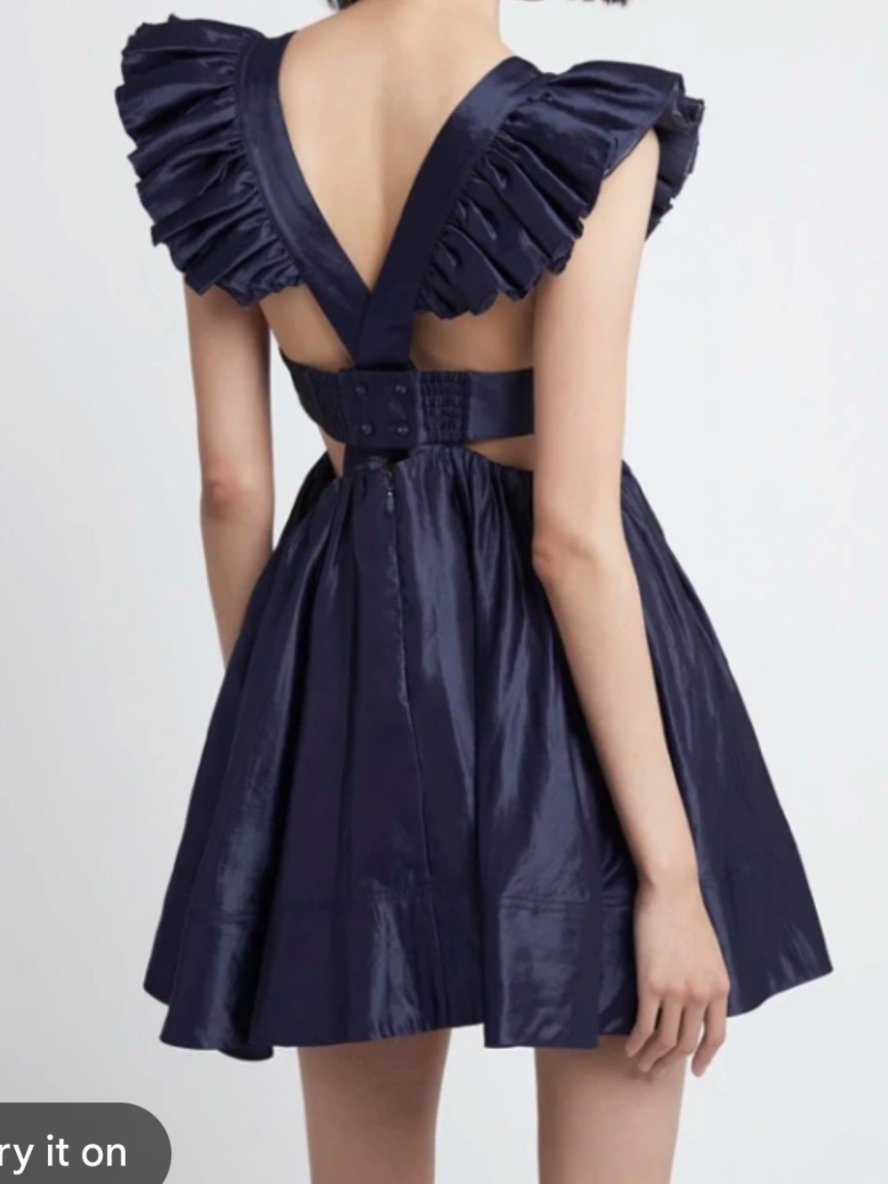 Aje Navy Satin Mini Dress with Ruffled Shoulders